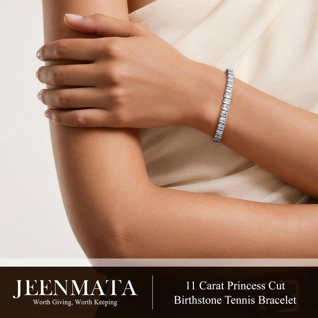 JeenMata 11 Carat April Cubic Zirconia - Princess Cut Birthstone Tennis Bracelet for Women Eternity Design - White Gold Plating, Birthday, Anniversary, Valentine's Day Gift
