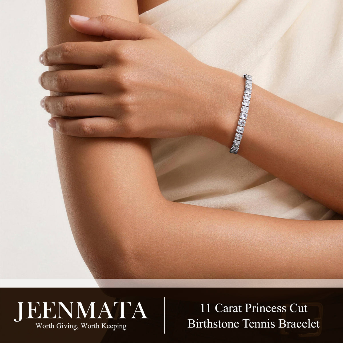 JeenMata 11 Carat April Cubic Zirconia - Princess Cut Birthstone Tennis Bracelet for Women Eternity Design - White Gold Plating, Birthday, Anniversary, Valentine's Day Gift