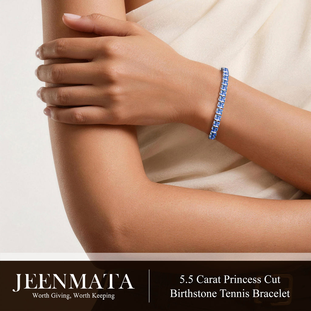 JeenMata 5.5 TCW June Alexandrite - Princess Cut Birthstone Tennis Bracelet for Women Eternity Design - White Gold Plating, Birthday, Anniversary, Valentine's Day Gift