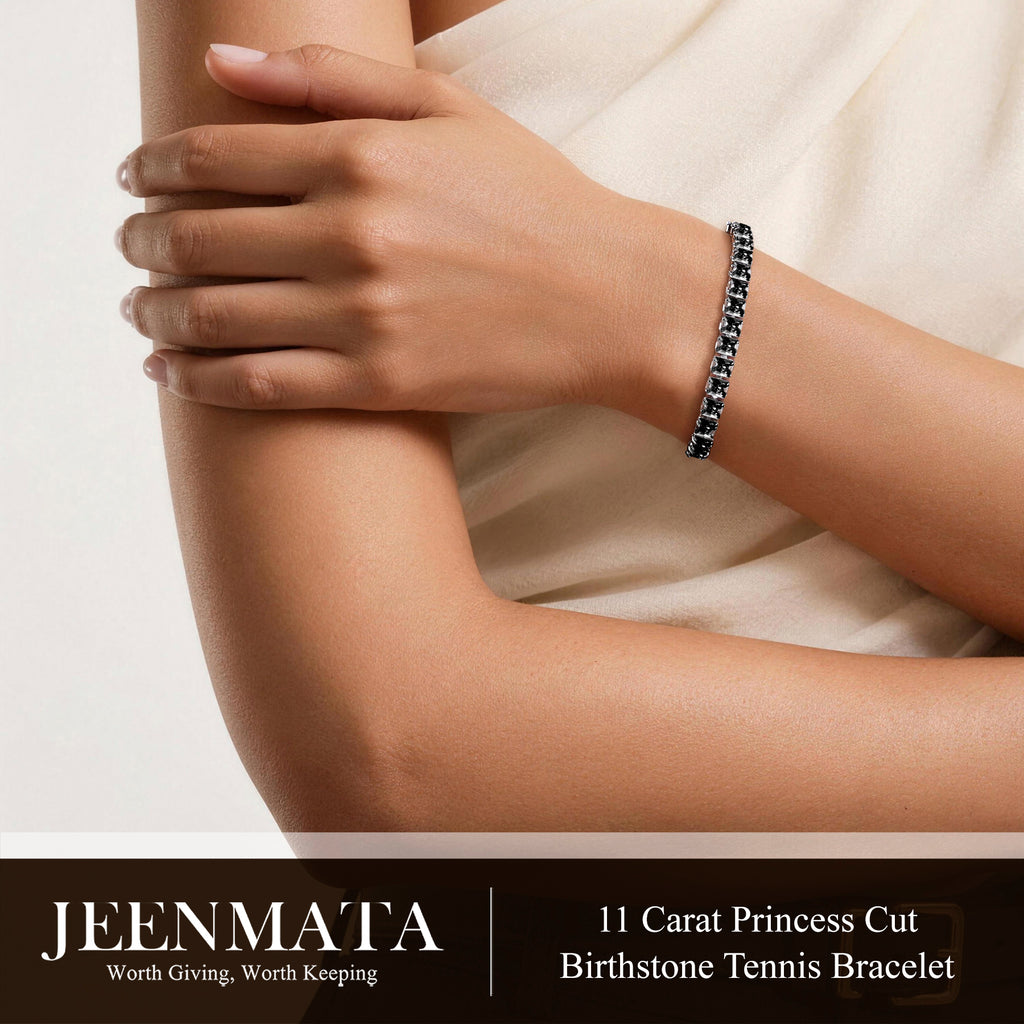 JeenMata 11 Carat Black Cubic Zirconia - Princess Cut Birthstone Tennis Bracelet for Women Eternity Design - White Gold Plating, Birthday, Anniversary, Valentine's Day Gift