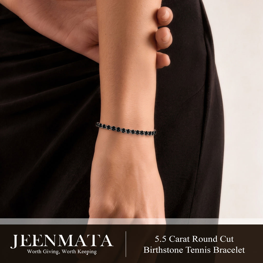 JeenMata 5.5 Carat Black Cubic Zirconia - Round Cut Birthstone Tennis Bracelet Eternity Design - White Gold Plating, Female, Adult