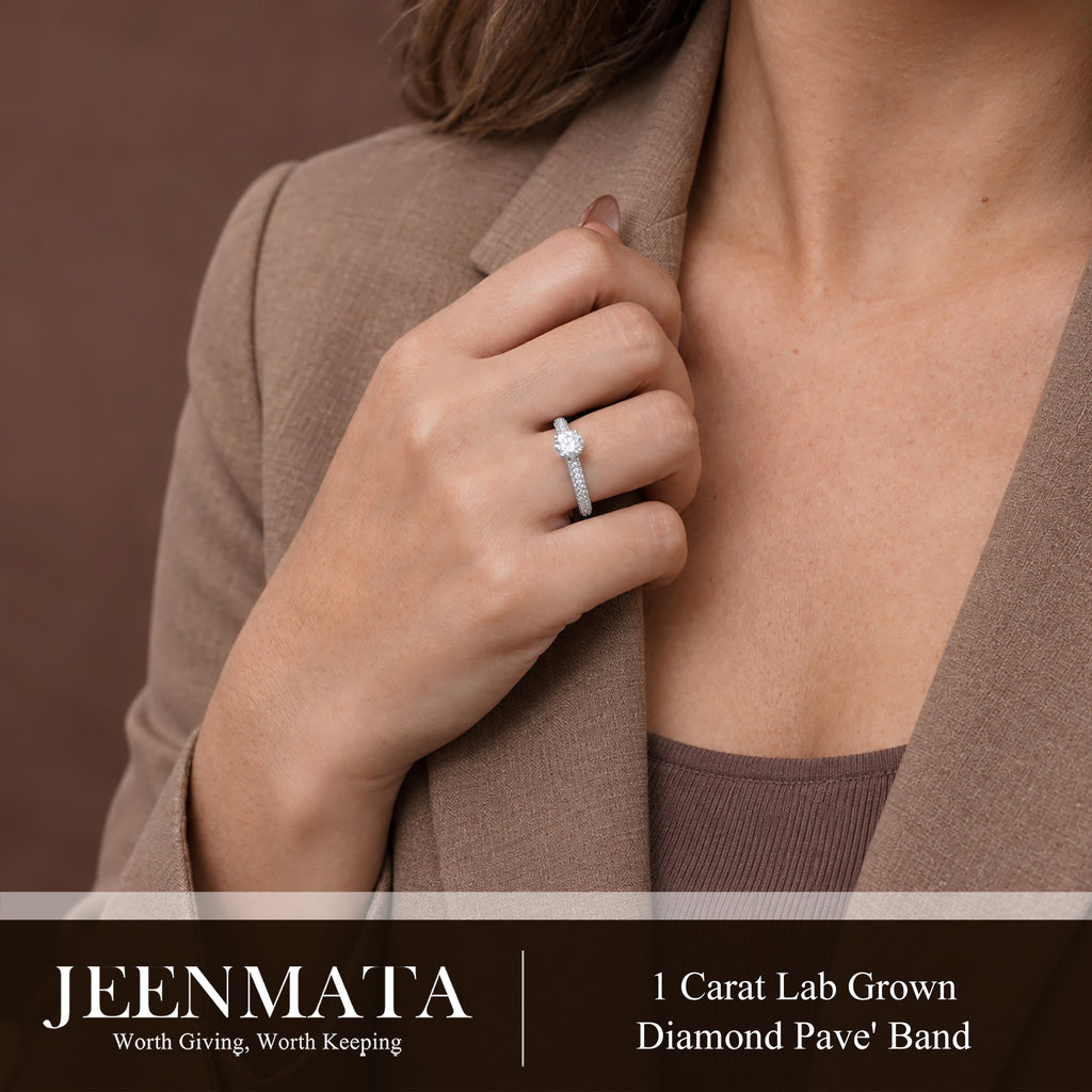 JeenMata 1 Carat Round Brilliant Cut Lab Grown Diamond Micro Pave Set Engagement Ring - Vintage Style Promise Ring in 18K White Gold Plating for Women