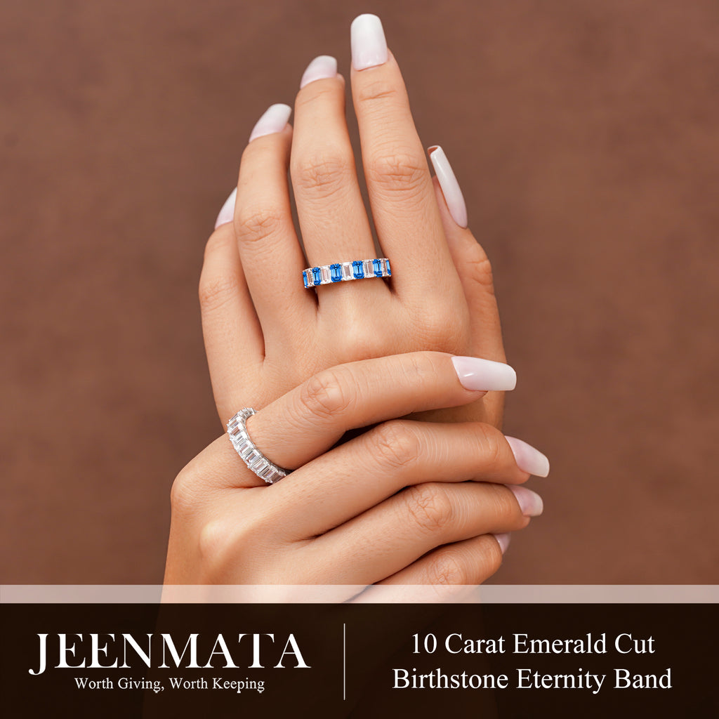 JeenMata 10 Carat Emerald Cut September Birthstone - Multicolor Eternity Wedding Band - Royal Blue Sapphire & Cubic Zirconia Rings in 18K White Gold Plating for Women