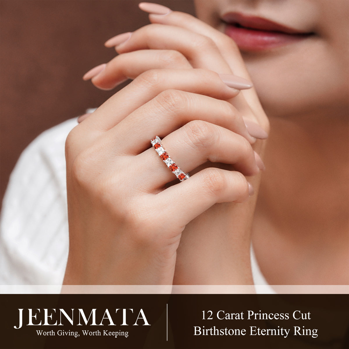 JeenMata 12 Carat Princess Cut January Birthstone - Multicolor Eternity Wedding Band - Garnet & Cubic Zirconia Rings in 18K White Gold Plating for Women