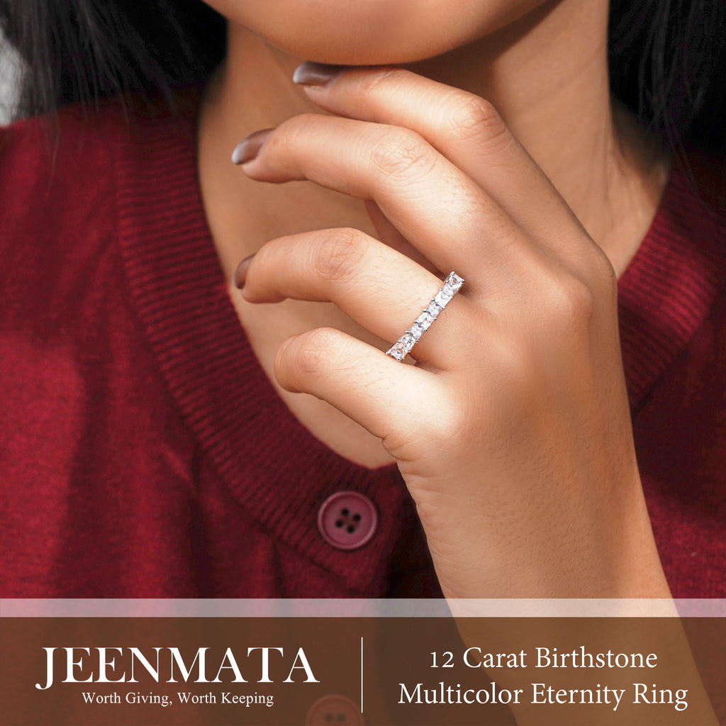 JeenMata 12 Carat Princess Cut April Birthstone - Multicolor Eternity Wedding Band - Cubic Zirconia Rings in 18K White Gold Plating for Women