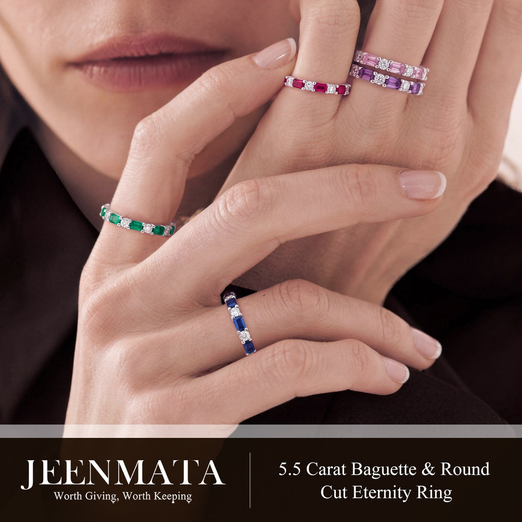 JeenMata Eternity Wedding Band Rings for Women, 5.5 Carat Alternating Baguette & Round Cut CZ, June Birthstone Birth Month Anniversary Ring for Woman, Christmas Gifts for Her