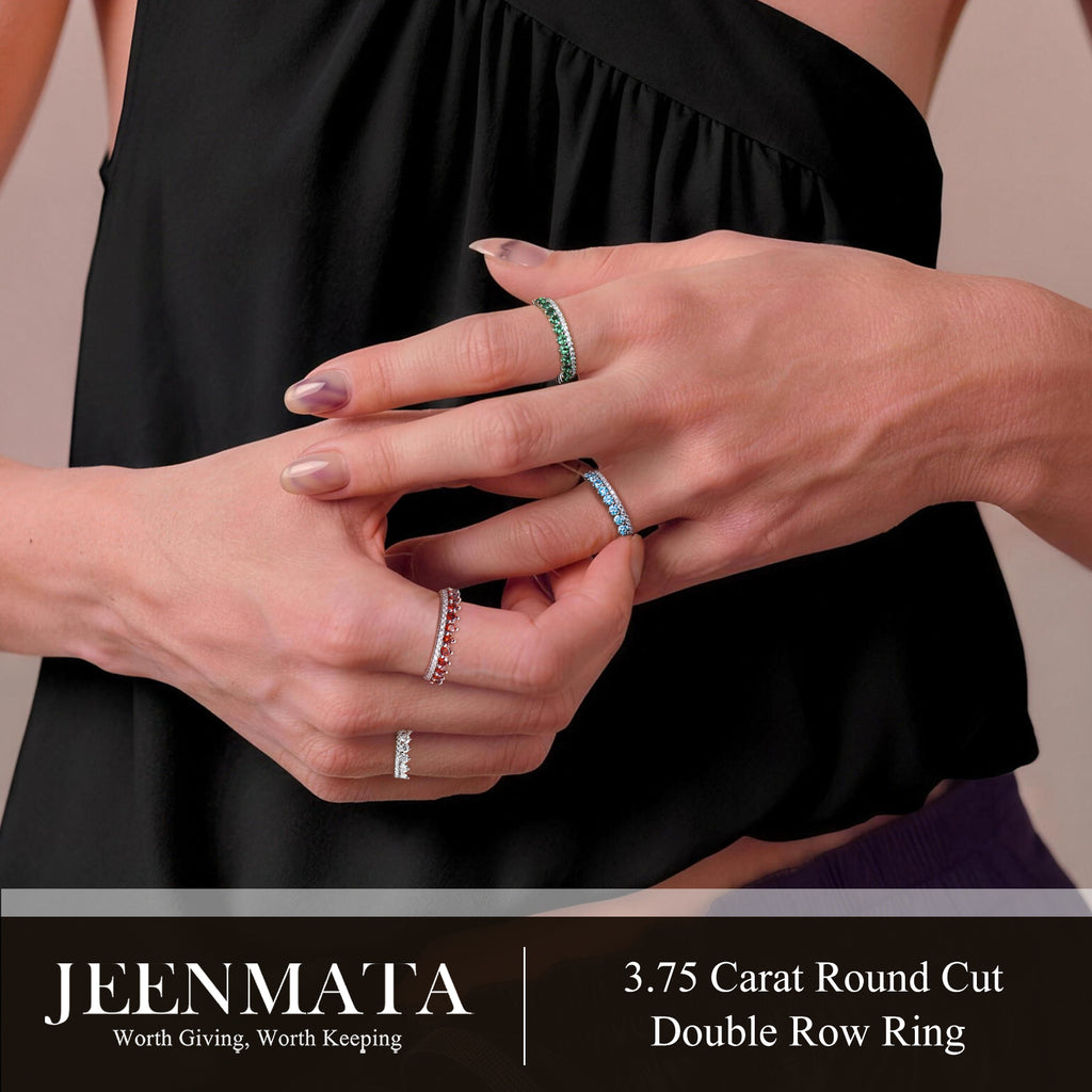 JeenMata 3.75 Carat Round Cut Dowble Row April Birthstone Ring for Her, Cubic Zirconia Eternity Wedding Band Ring, Anniversary Ring in 18K White Gold Plating for Women