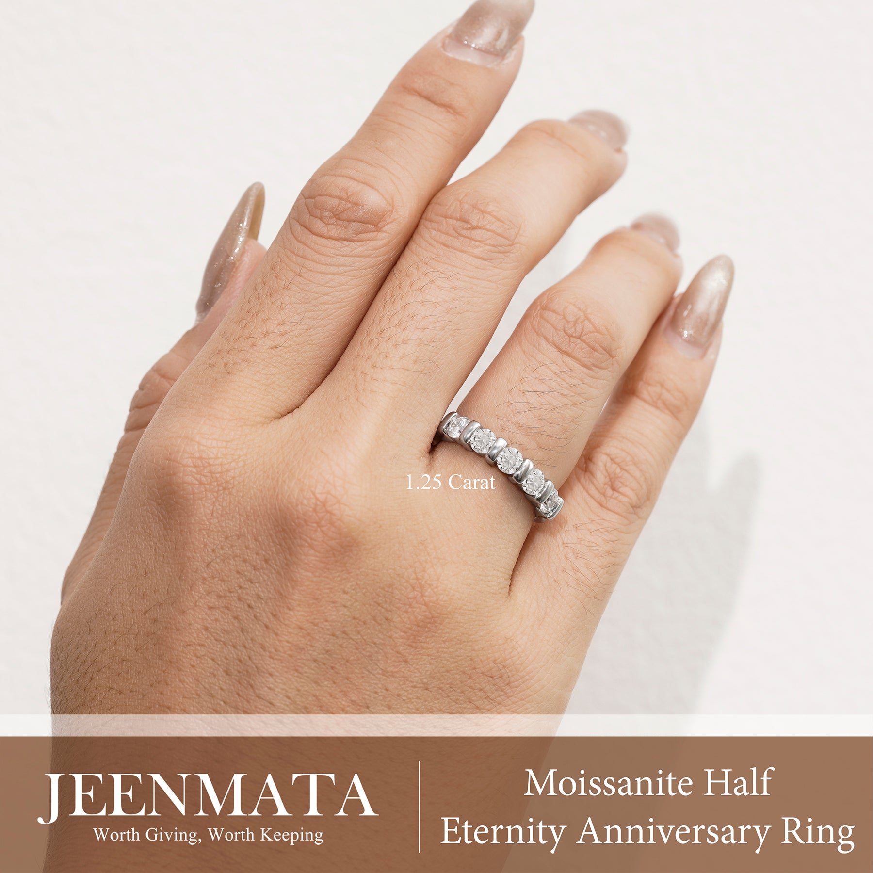 JeenMata 1.25 Carat Moissanite Half Eternity Anniversary Ring - Stackable Wedding Band Rings for Women in 18K White Gold Plating, Wedding Gift for Her