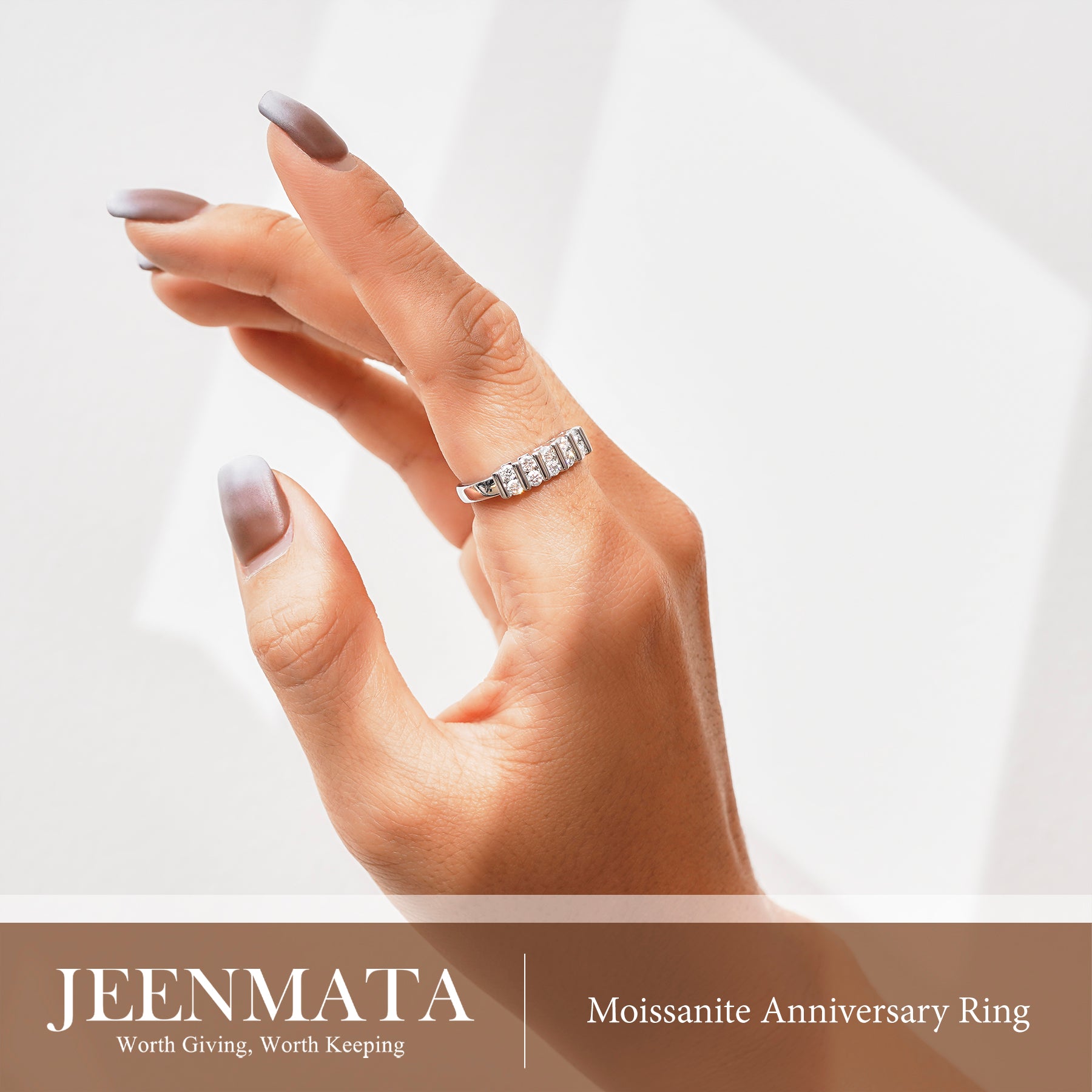 JeenMata Moissanite Half Eternity Band - Double Row Stackable Anniversary Ring for Women in 18K White Gold Plating, Gift for Her, Gift for Women