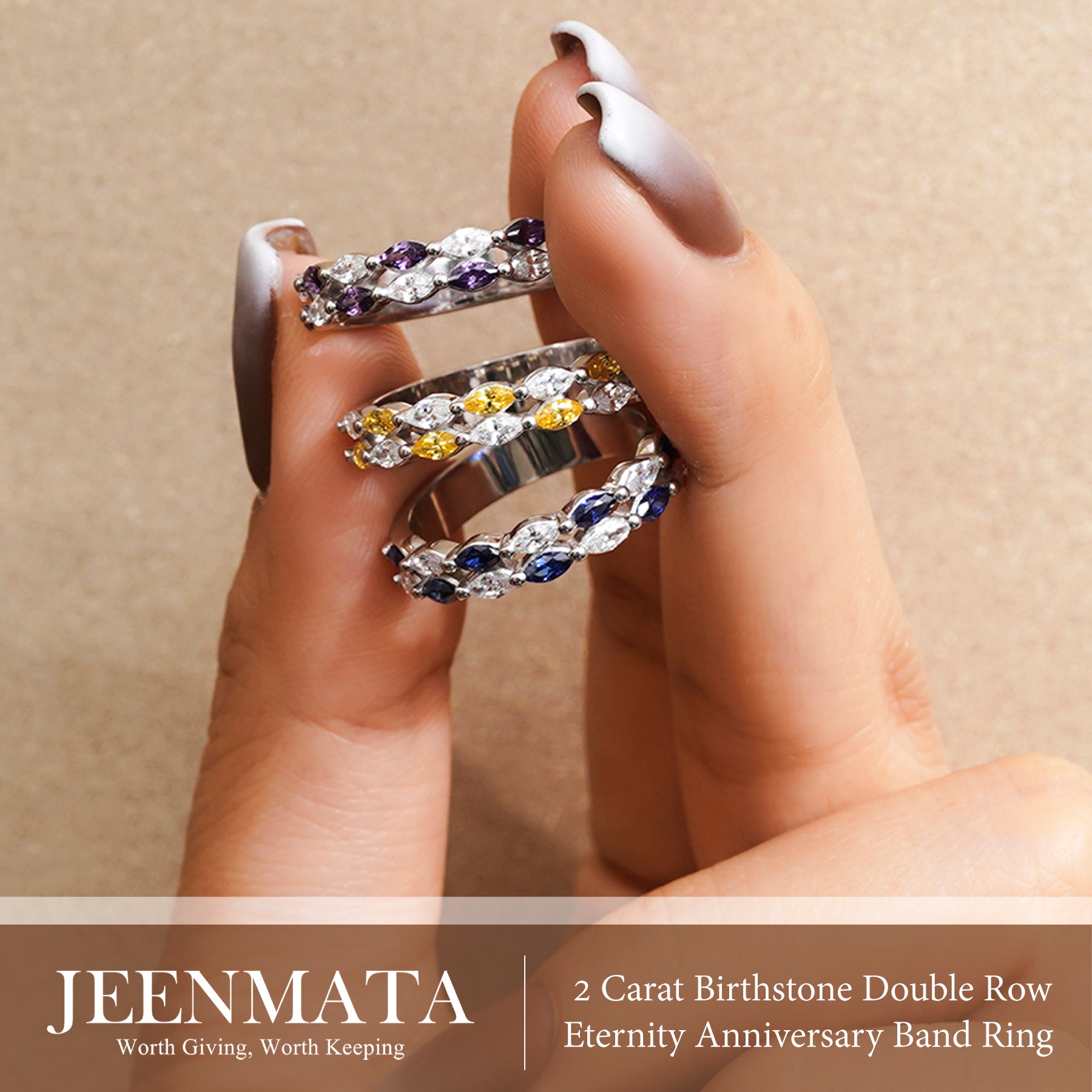JeenMata 2 Carat Marquise Cut - January Garnet Birthstone Cubic Zirconia Double Row Eternity Anniversary Band Ring in 18K White Gold Plating for Women