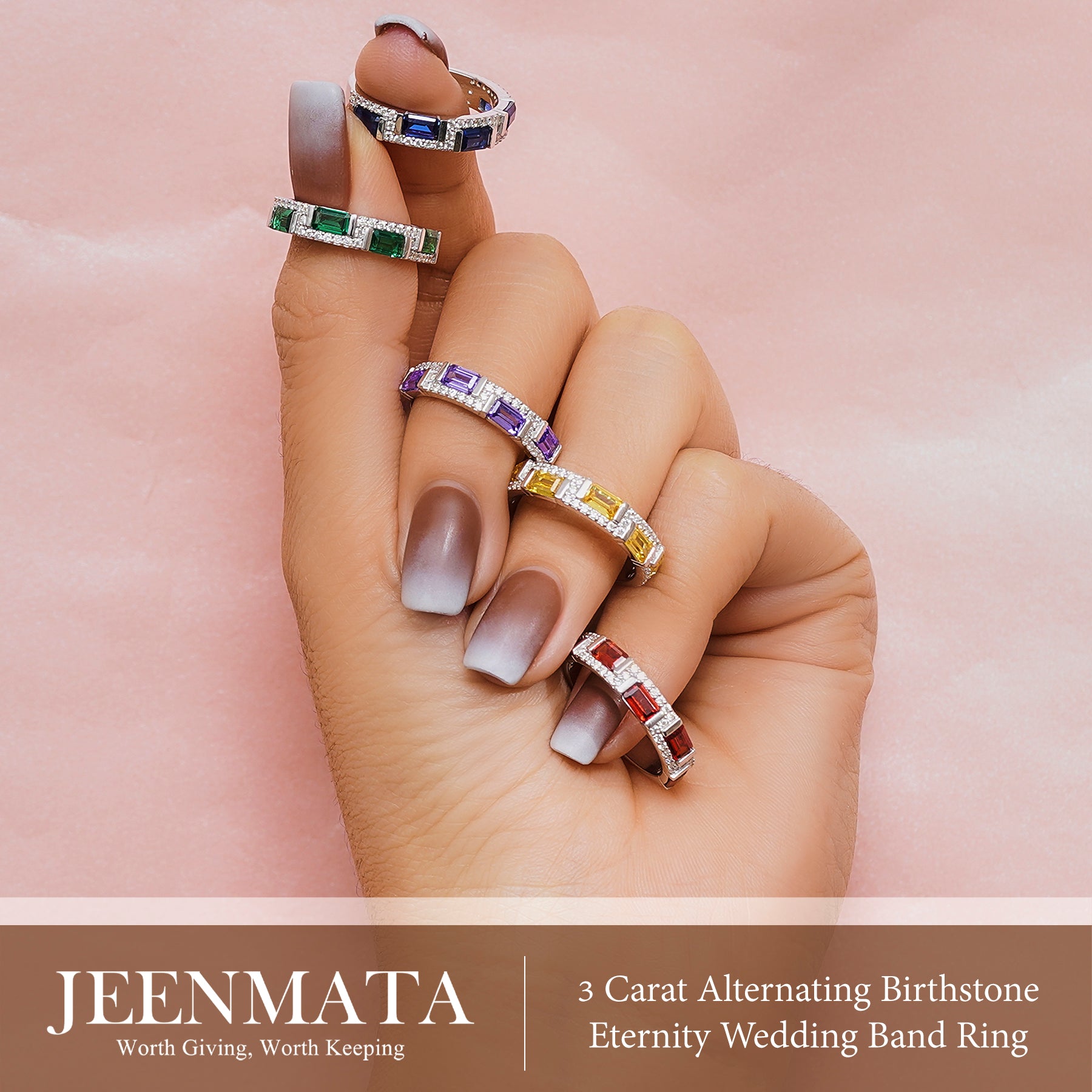 JeenMata 3 Carat Emerald & Round Cut October Pink Tourmaline Cubic Zirconia - Alternating Birthstone Eternity Wedding Band Ring in 18K White Gold Plating for Women