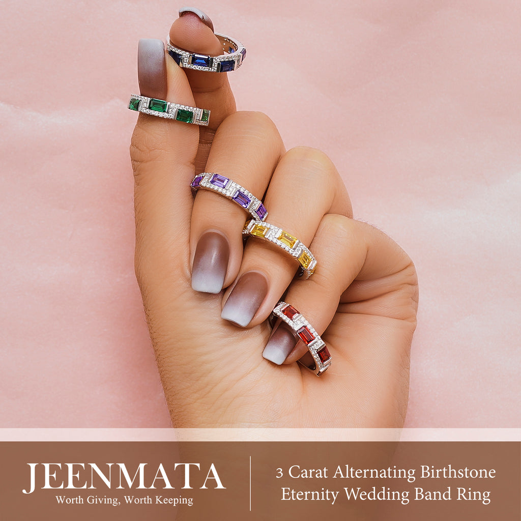 JeenMata 3 Carat Emerald & Round Cut September Blue Sapphire Cubic Zirconia - Alternating Birthstone Eternity Wedding Band Ring in 18K White Gold Plating for Women