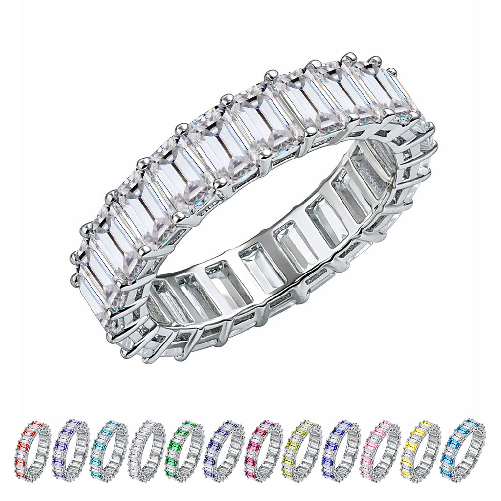 JeenMata 10 Carat Emerald Cut April Birthstone - Multicolor Eternity Wedding Band - Cubic Zirconia Rings in 18K White Gold Plating for Women