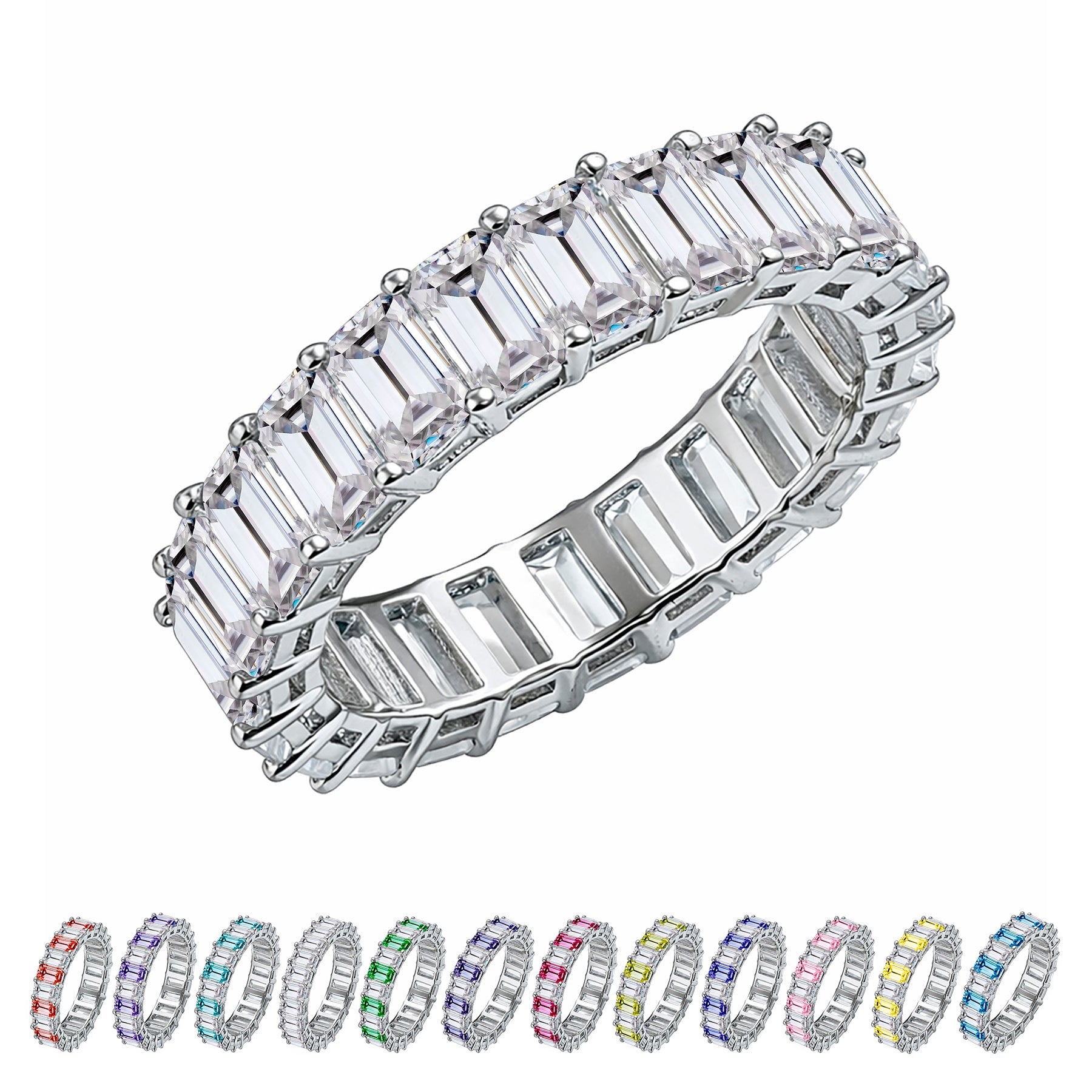 JeenMata 10 Carat Emerald Cut April Birthstone - Multicolor Eternity Wedding Band - Cubic Zirconia Rings in 18K White Gold Plating for Women