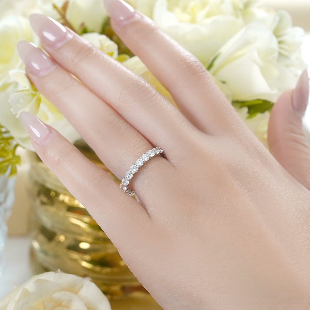 JeenMata 2.25 Carat Round Cut Moissanite Eternity Wedding Band - Classic Prong Style Wedding Ring in White Gold Plating for Women