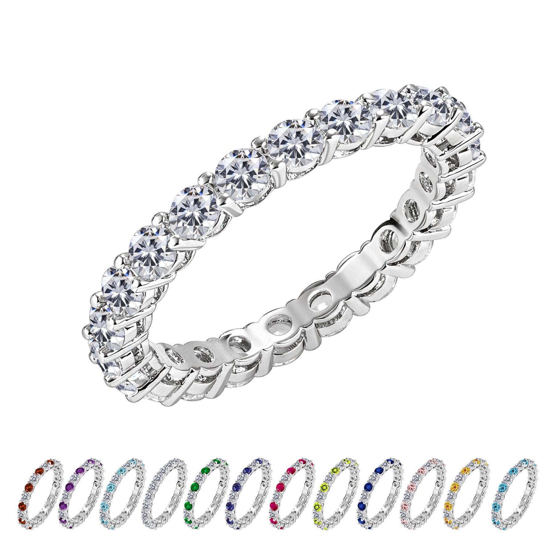JeenMata 3.5 Carat Round Cut April Birthstone - Multicolor Eternity Wedding Band - Cubic Zirconia Rings in 18K White Gold Plating for Women