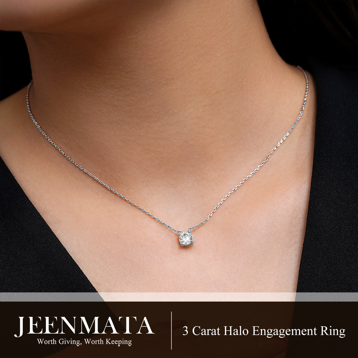 JeenMata Lab Grown Diamond 1 Carat Round Cut Classic Solitaire Pendant Necklace - in 18K White Gold Plating for Women