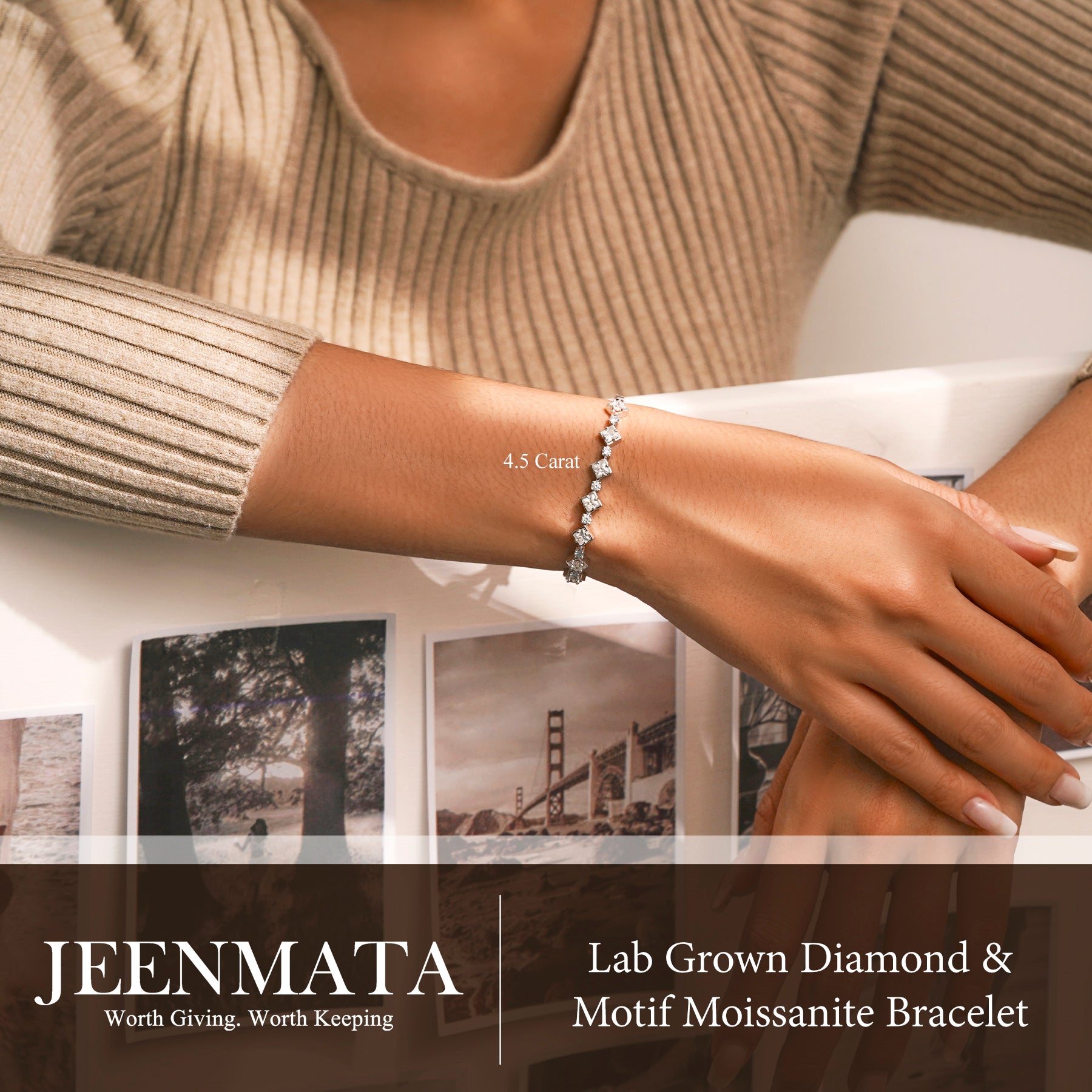 JeenMata 4.5 Carat Round Lab Grown Diamond & Motif Moissanite Bracelet – Elegant Floral Design in 18K White Gold Plating for Women
