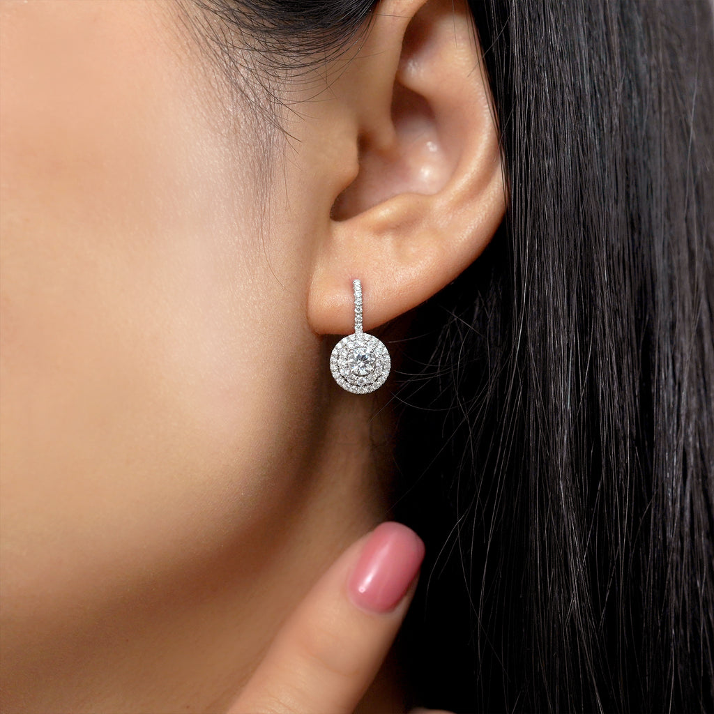 JeenMata 1 Carat Lab Grown Diamond Halo Drop Earrings - Round Cut Vintage Inspired Earrings in White Gold Plating