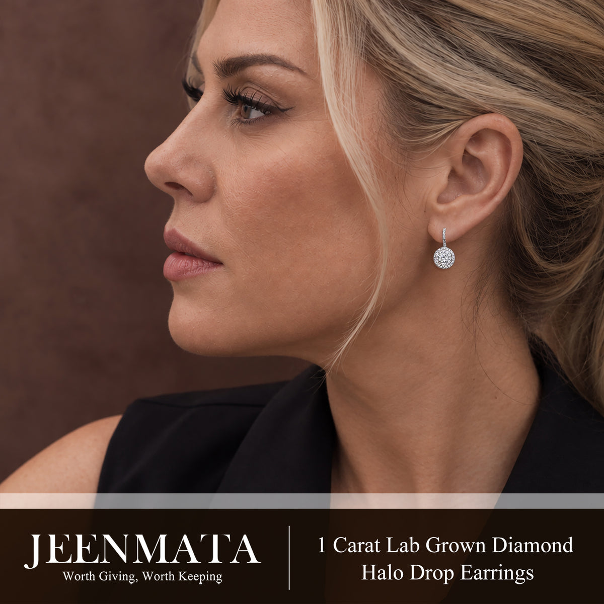 JeenMata 1 Carat Lab Grown Diamond Halo Drop Earrings - Round Cut Vintage Inspired Earrings in White Gold Plating