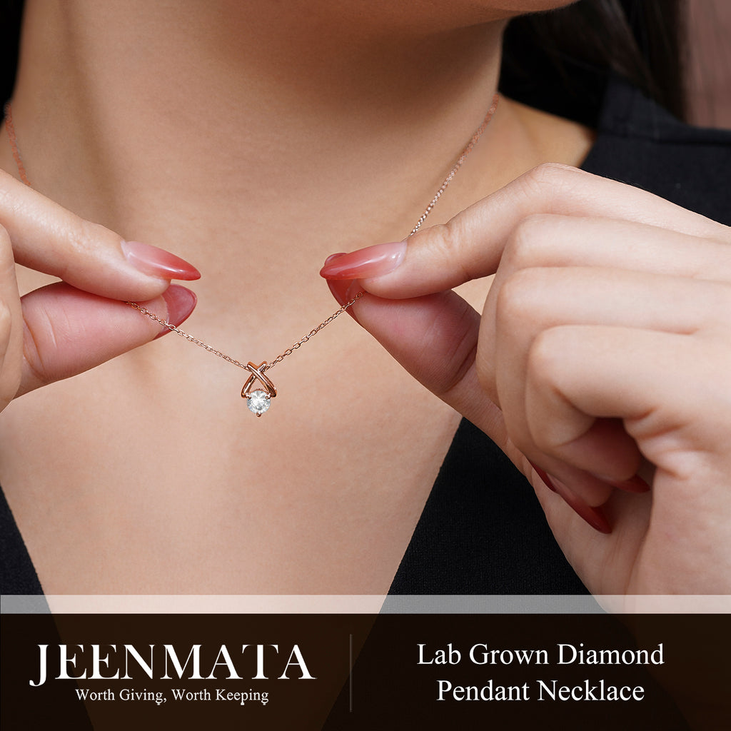 JeenMata X-Shaped Round Cut Lab Grown Diamond Pendant Necklace in 18K Rose Gold Plating for Women