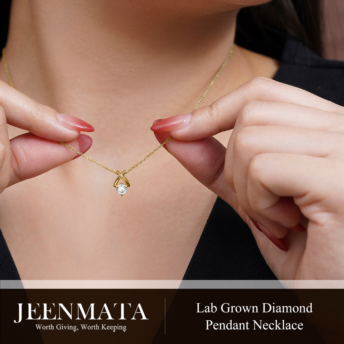 JeenMata X-Shaped Round Cut Lab Grown Diamond Pendant Necklace in 18K Yellow Gold Plating for Women
