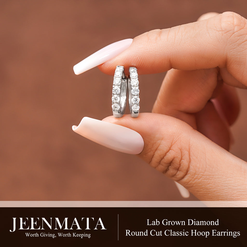 JeenMata Lab Grown Diamond Hoop Earrings - Round Cut Classic Hoop Earrings for Everyday Jewelry - White Gold Plating