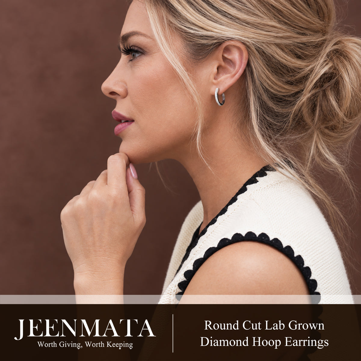 JeenMata Lab Grown Diamond Hoop Earrings - Round Cut Classic Earrings in White Gold Plating for Women