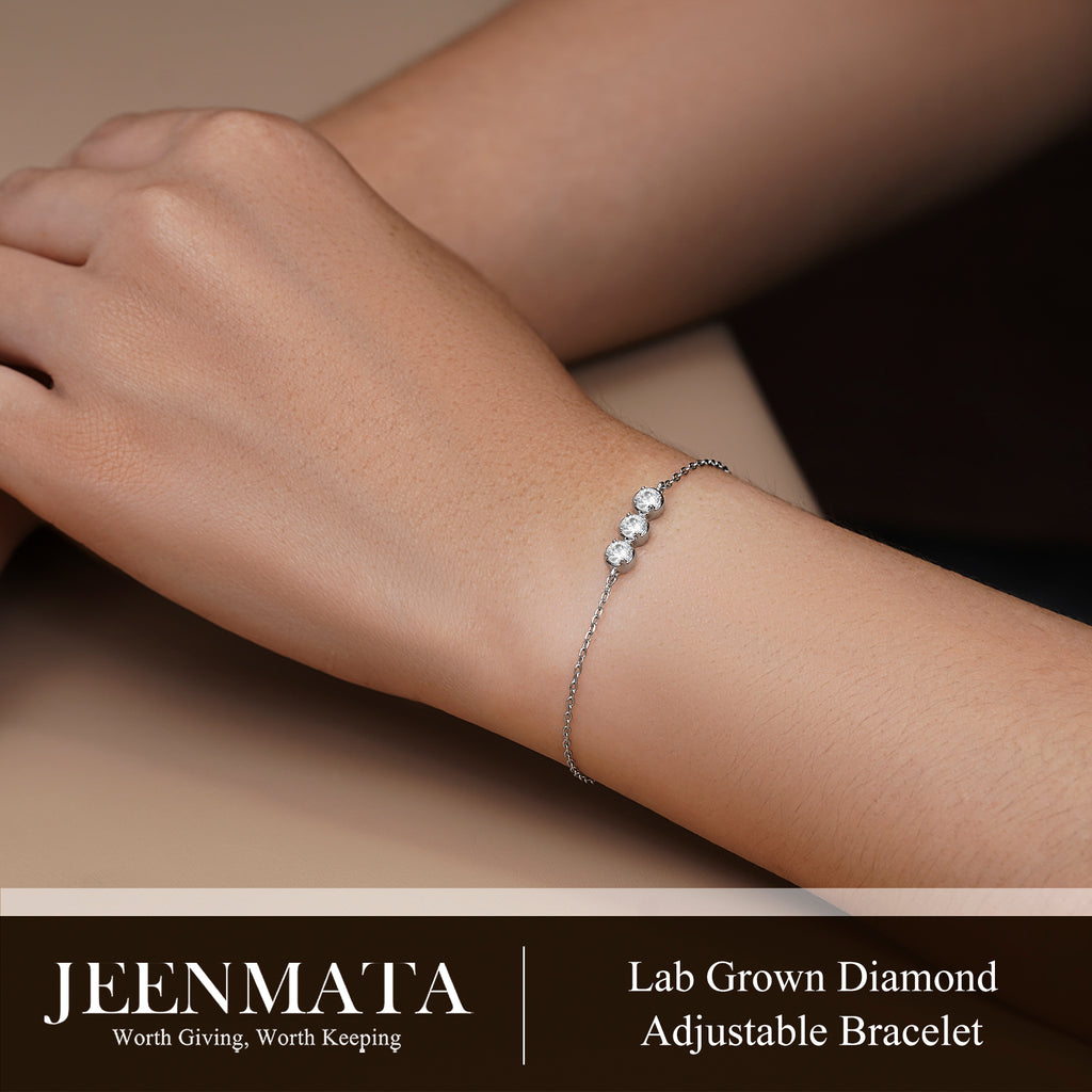 JeenMata Lab Grown Diamond Three Stones Bracelet - Adjustable Slider White Gold Plating Bracelet for Women