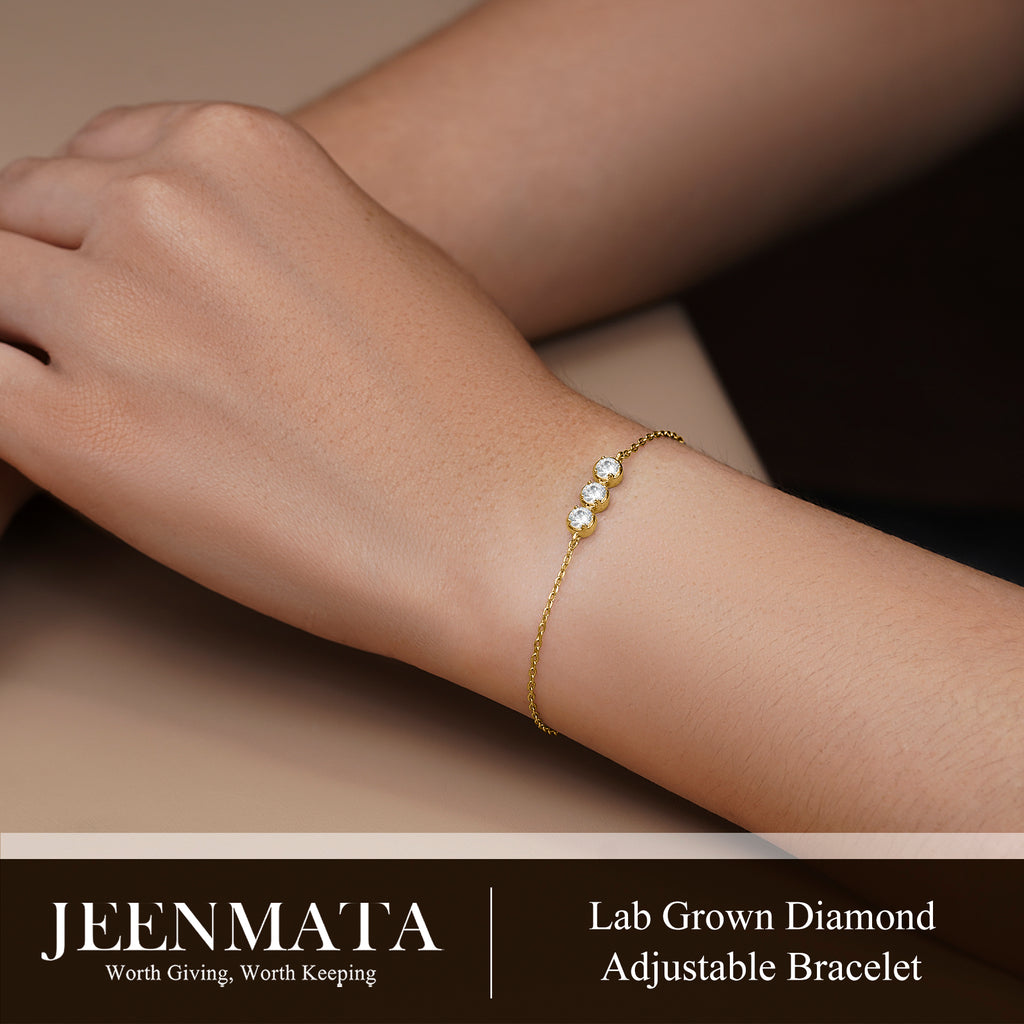 JeenMata Lab Grown Diamond Three Stones Bracelet - Adjustable Slider Yellow Gold Plating Bracelet for Women