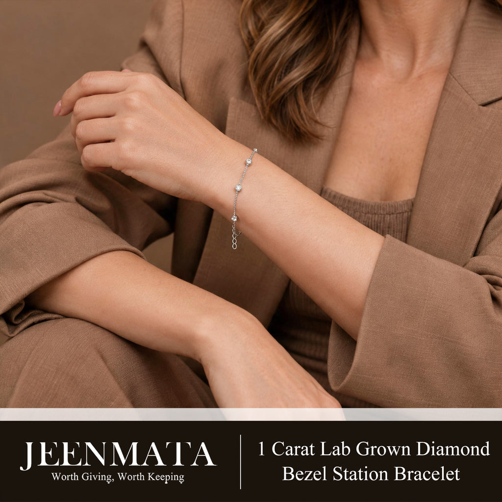 JeenMata 1 Carat Lab Grown Diamond Bezel Station Bracelets - Elegant Gift Jewelry Bracelet in 18K White Gold Plating Gift for Women, Girlfriend