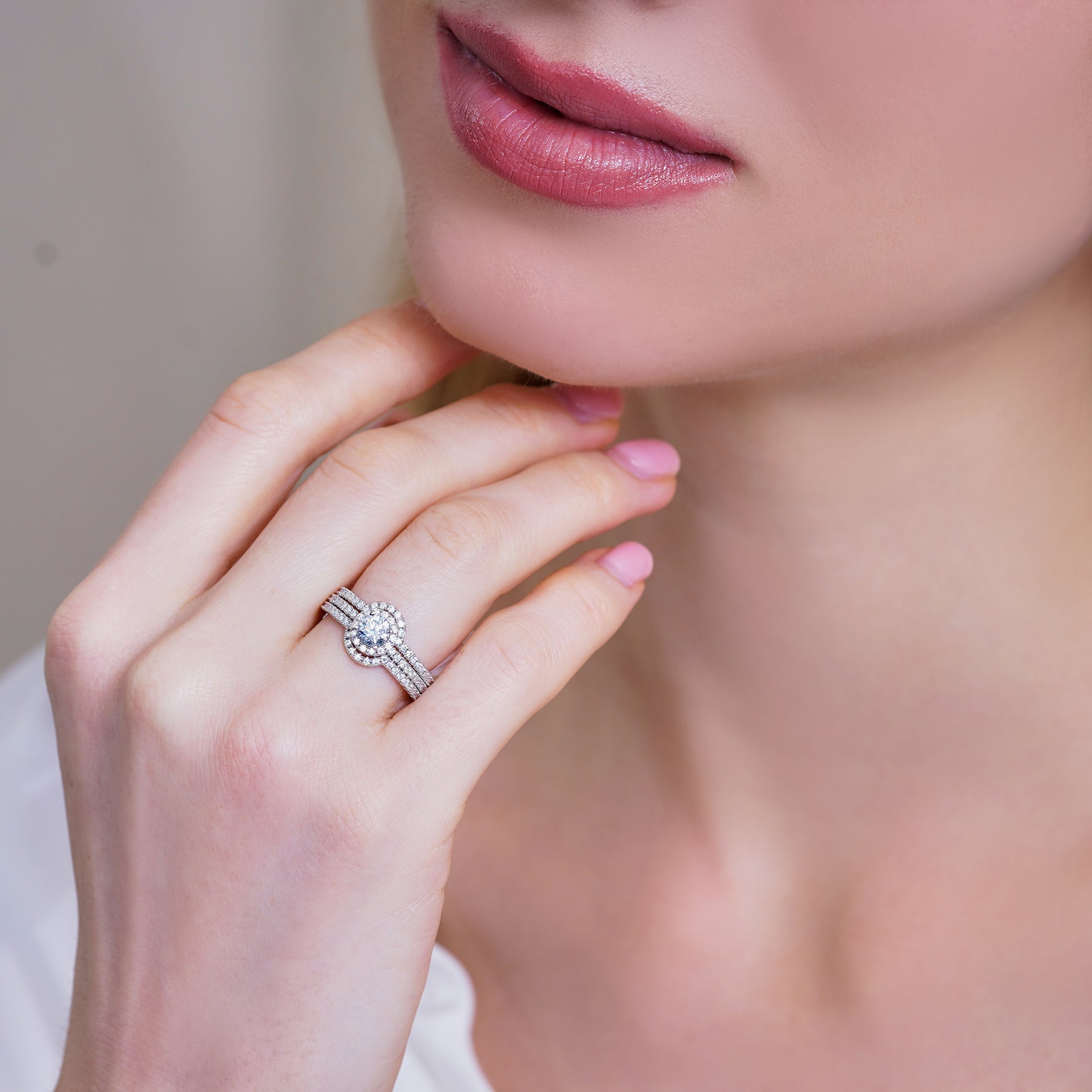 JeenMata 1 Carat Lab Grown Diamond Trio Wedding Ring Set - Round Cut Halo Statement Ring in 18K White Gold Plating for Women