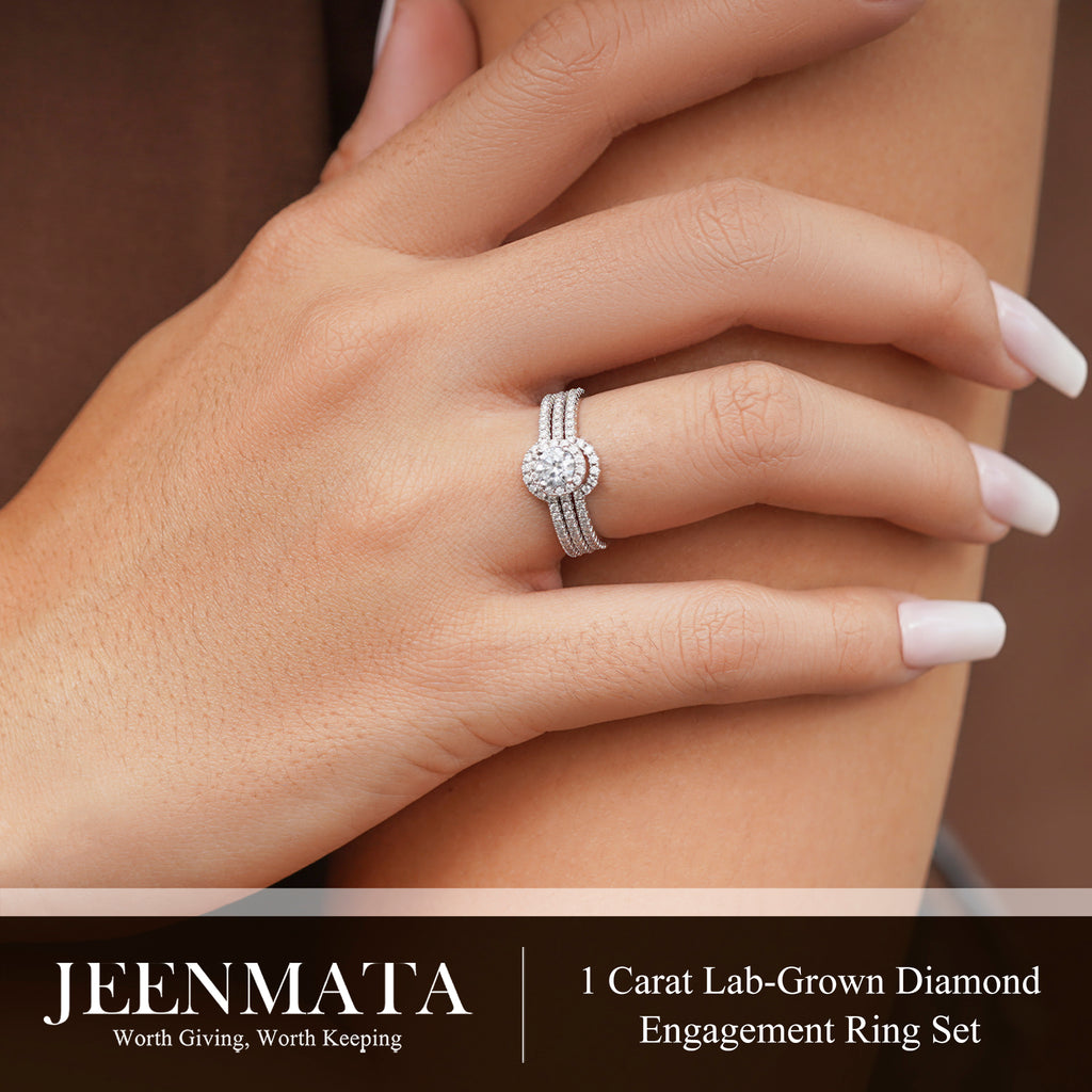 JeenMata 1 Carat Lab Grown Diamond Trio Wedding Ring Set - Round Cut Halo Statement Ring in 18K White Gold Plating for Women