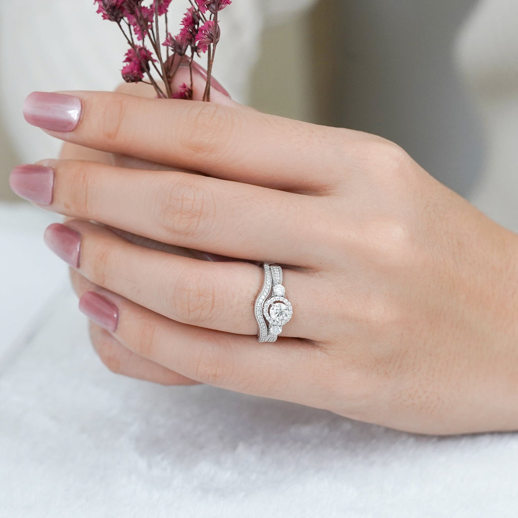 2 Carat Moissanite Wedding Ring Set - Round Cut Vintage Design Halo Bridal Set in 18K White Gold Over Silver