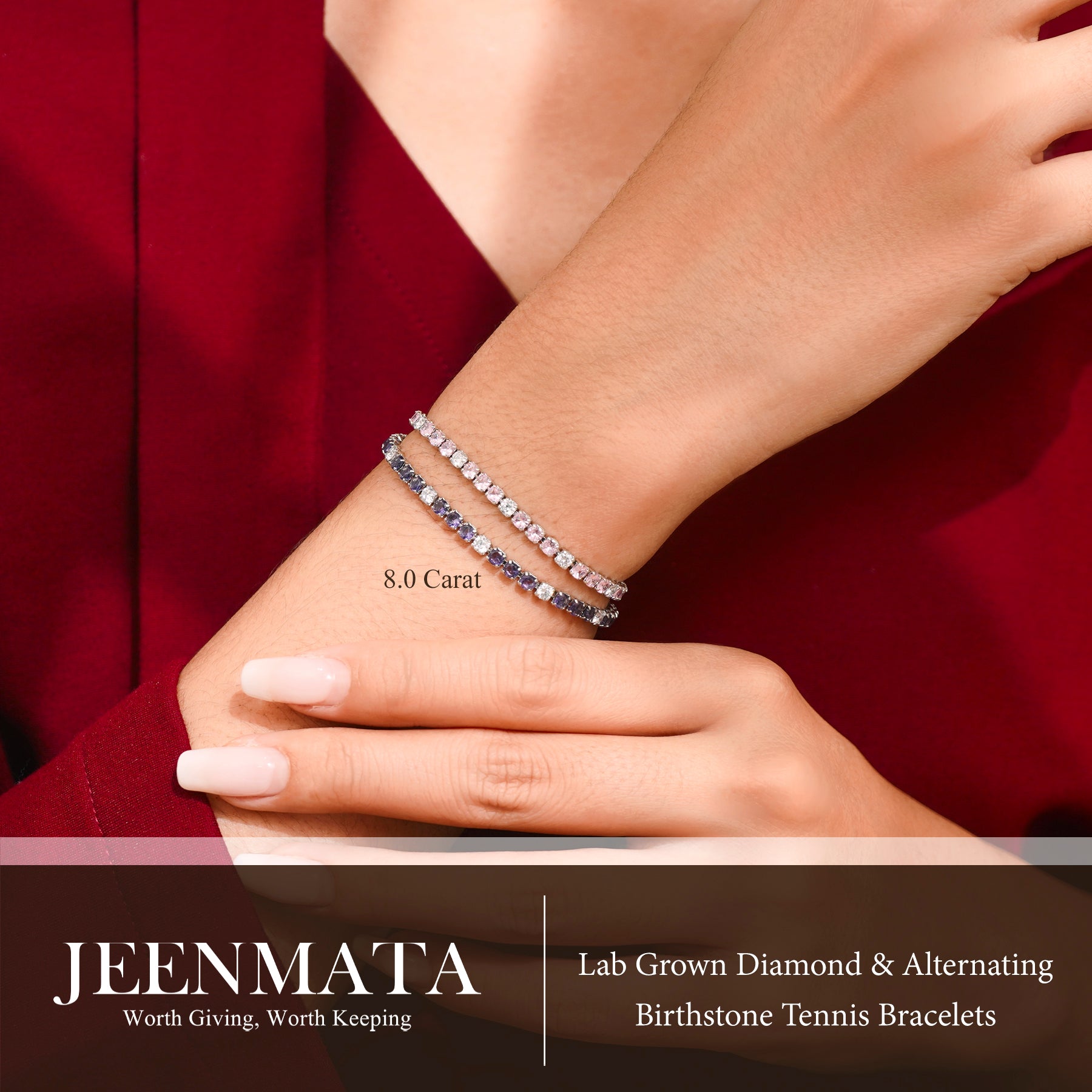 JeenMata 8 Carat Lab Grown Diamond & Ruby Alternating Birthstone Tennis Bracelets - 18K White Gold Plating for Women Eternity Design Bracelet