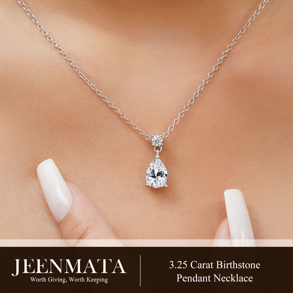 JeenMata 3.25 Carat Cubic Zirconia April Birthstone - Round and Pear Cut Dangle Pendant Necklace in 18k White Gold Plated for Women