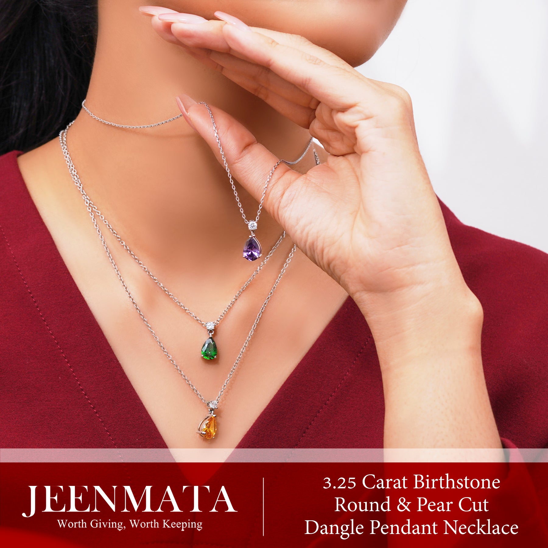 JeenMata 3.25 Carat Garnet January Birthstone - Round and Pear Cut Dangle Pendant Necklace in 18k White Gold Plated for Women