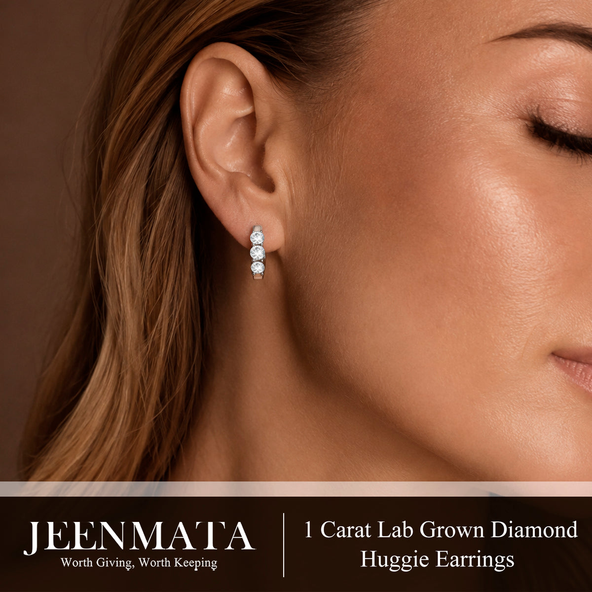 JeenMata 1 Carat Lab Grown Diamond Huggie Hoop Earring - Round Cut Three Stones Huggie Earrings in 18K White Gold Plating for Women, Gift for Her