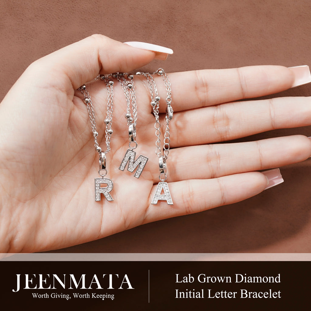 JeenMata Lab Grown Diamond Initial "A" Letter Bracelets - Double Layer Alphabet Jewelry Bracelet - 18K White Gold Plating for Women Jewelry