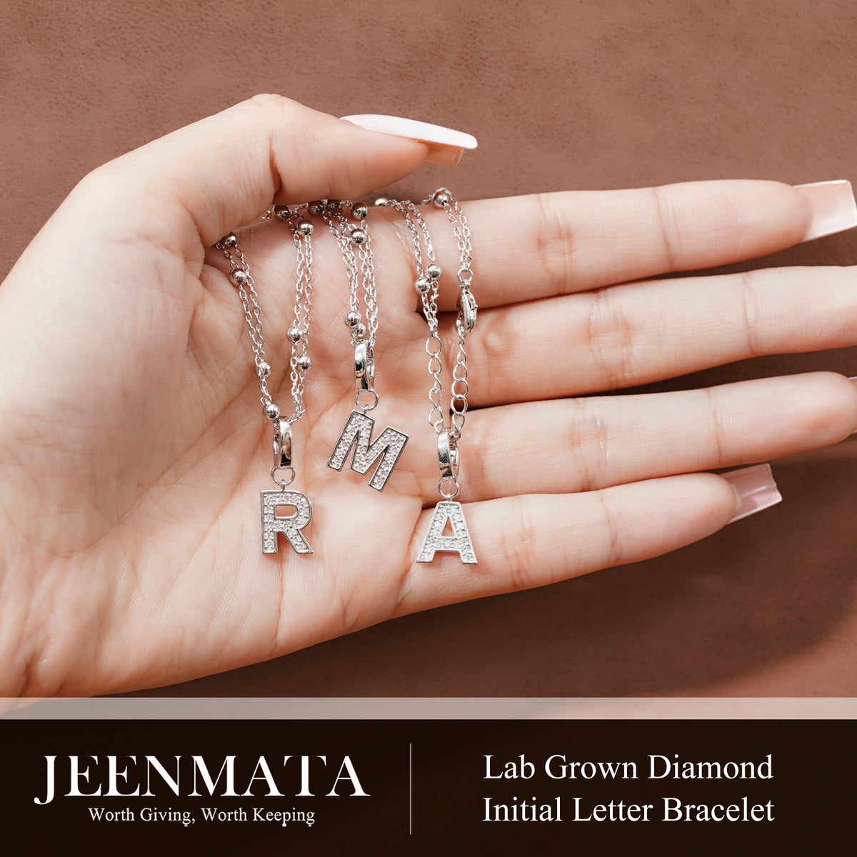 JeenMata Lab Grown Diamond Initial "A" Letter Bracelets - Double Layer Alphabet Jewelry Bracelet - 18K White Gold Plating for Women Jewelry