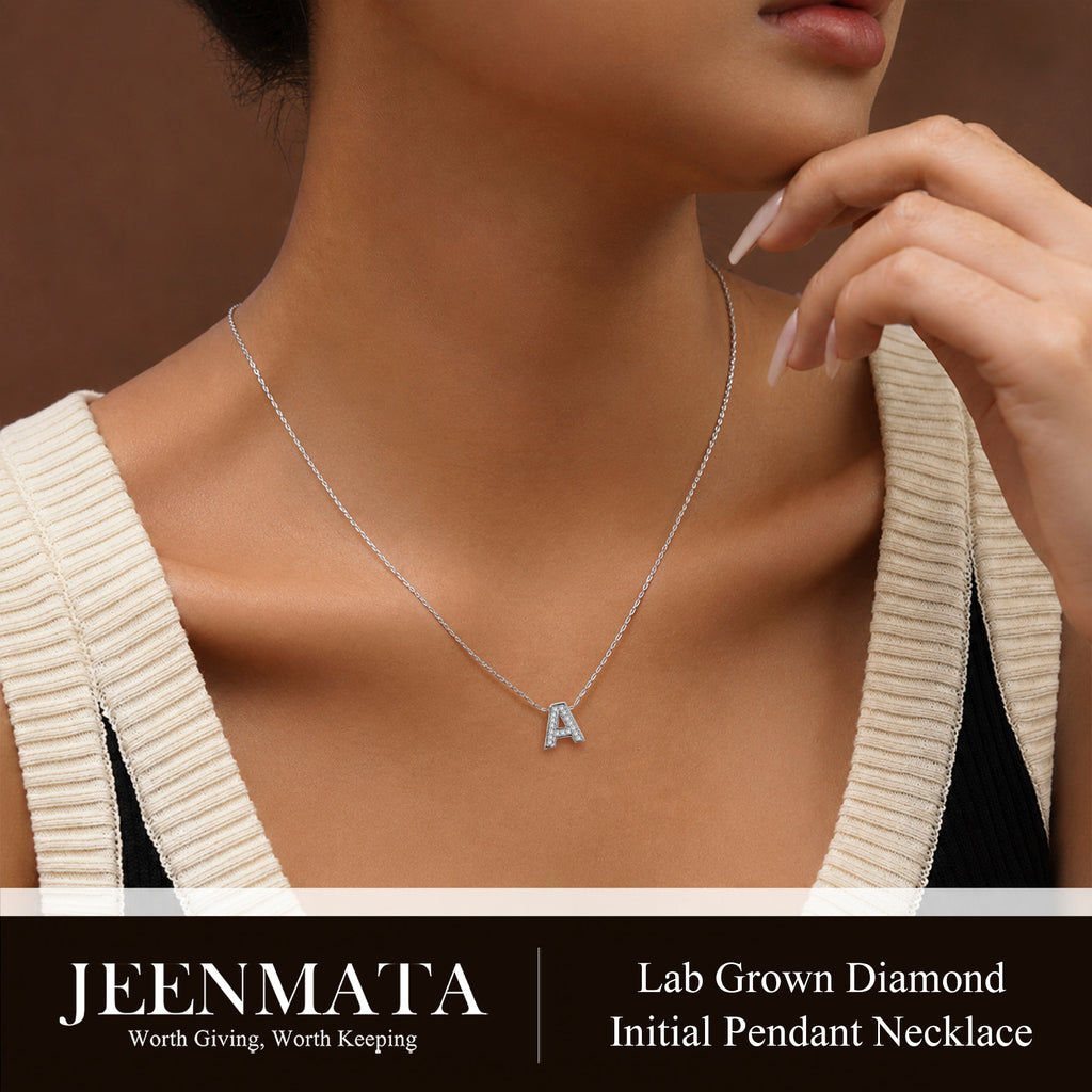 JeenMata Lab Grown Diamond Initial “A” Letter Necklaces - Elegant Alphabet Pendant Necklace Gift - 18K White Gold Plating Jewelry for Women