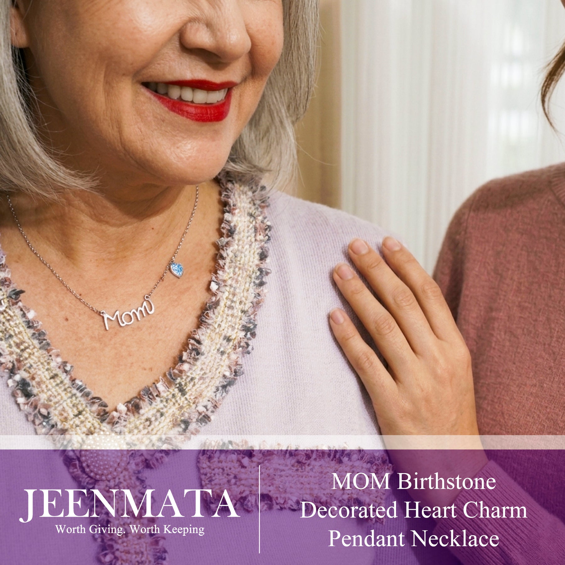 JeenMata Mom Pendant - Garnet January Birthstone Decorated Heart Charm Pendant Necklace in 18K White Gold Plating, Mother's Day, Gift for MOM