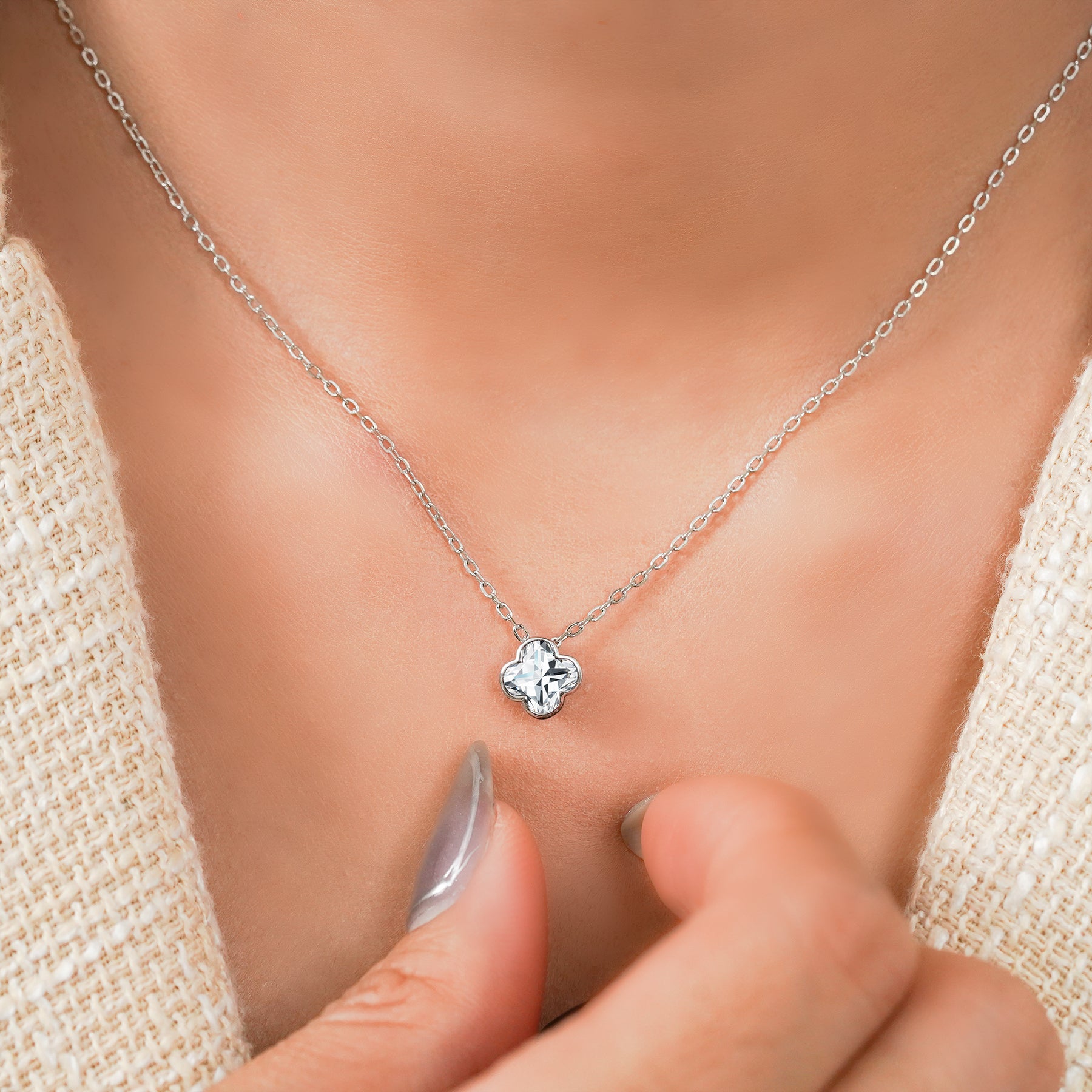 JeenMata 1 Carat Flower Cut Moissanite Pendant - Danity Clover Design Necklace in 18K White Gold Plated for Women