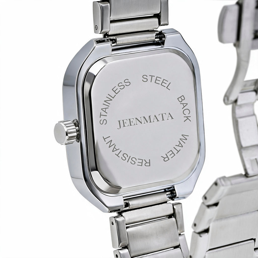 JeenMata Men’s Square Stainless Steel Watch, Water Resistant Black Textured Dial with Date Window