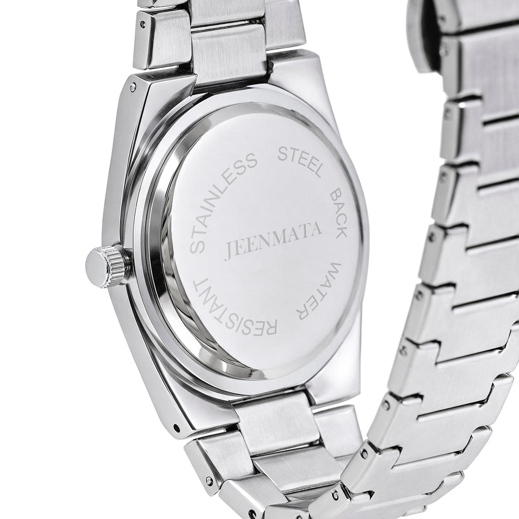 JeenMata Men’s Stainless Steel Integrated Bracelet Watch, Water-Resistant White Dial with Fluted Bezel & Date