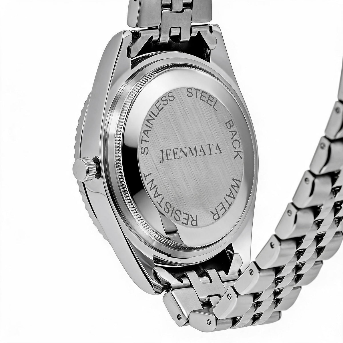 JeenMata Men’s Stainless Steel Watch, Water-Resistant White Dial with Roman Numeral Inner Bezel & Date