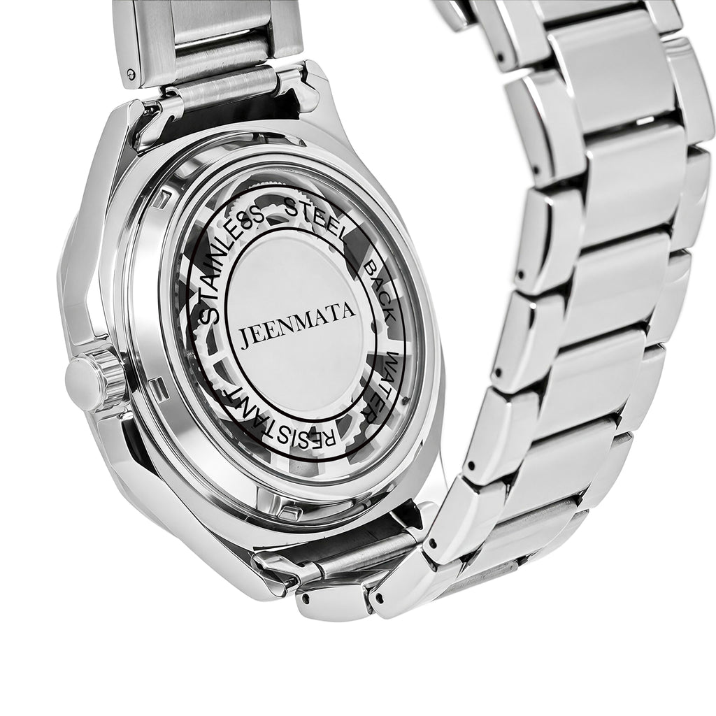 JeenMata Men’s Stainless Steel Octagon Watch, Water-Resistant White Geometric Skeleton Dial