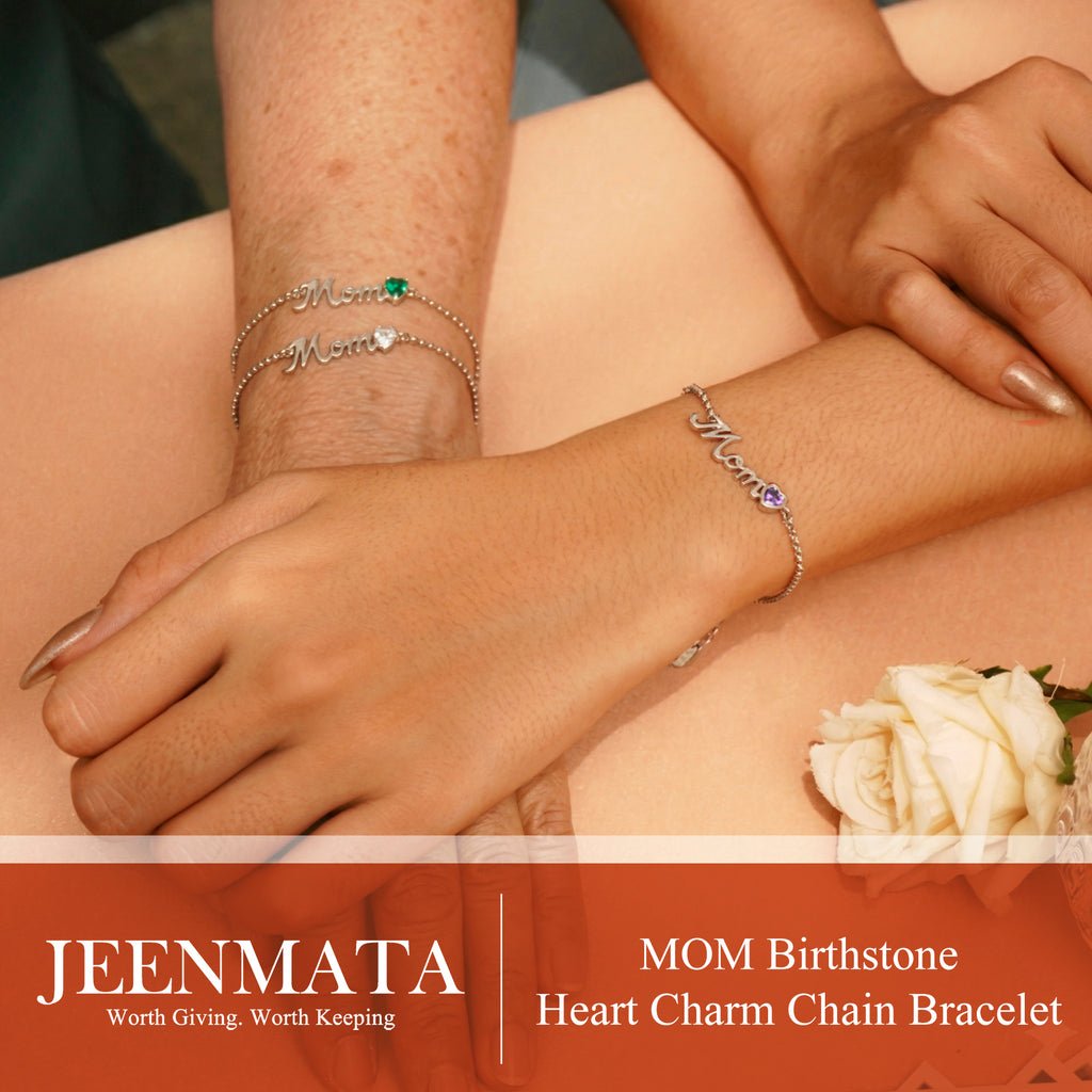JeenMata MOM May Emerald Birthstone - Heart Charm Chain Bracelet in 18K White Gold Plating for Women, Mother’s Day Gift