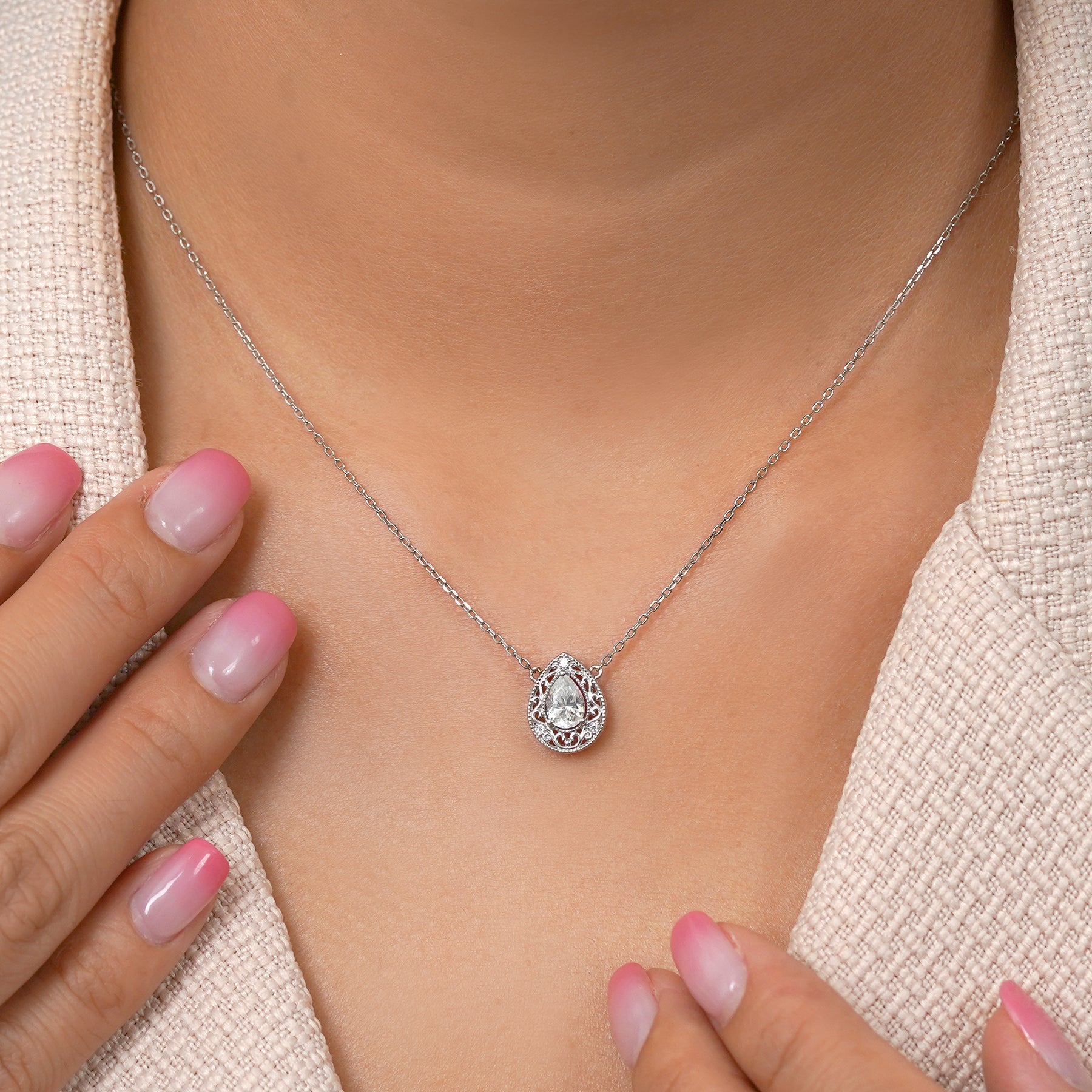JeenMata 2 Carat Pear Cut Vintage Filigree Necklace - Moissanite Pendant in 18K White Gold Plating for Women