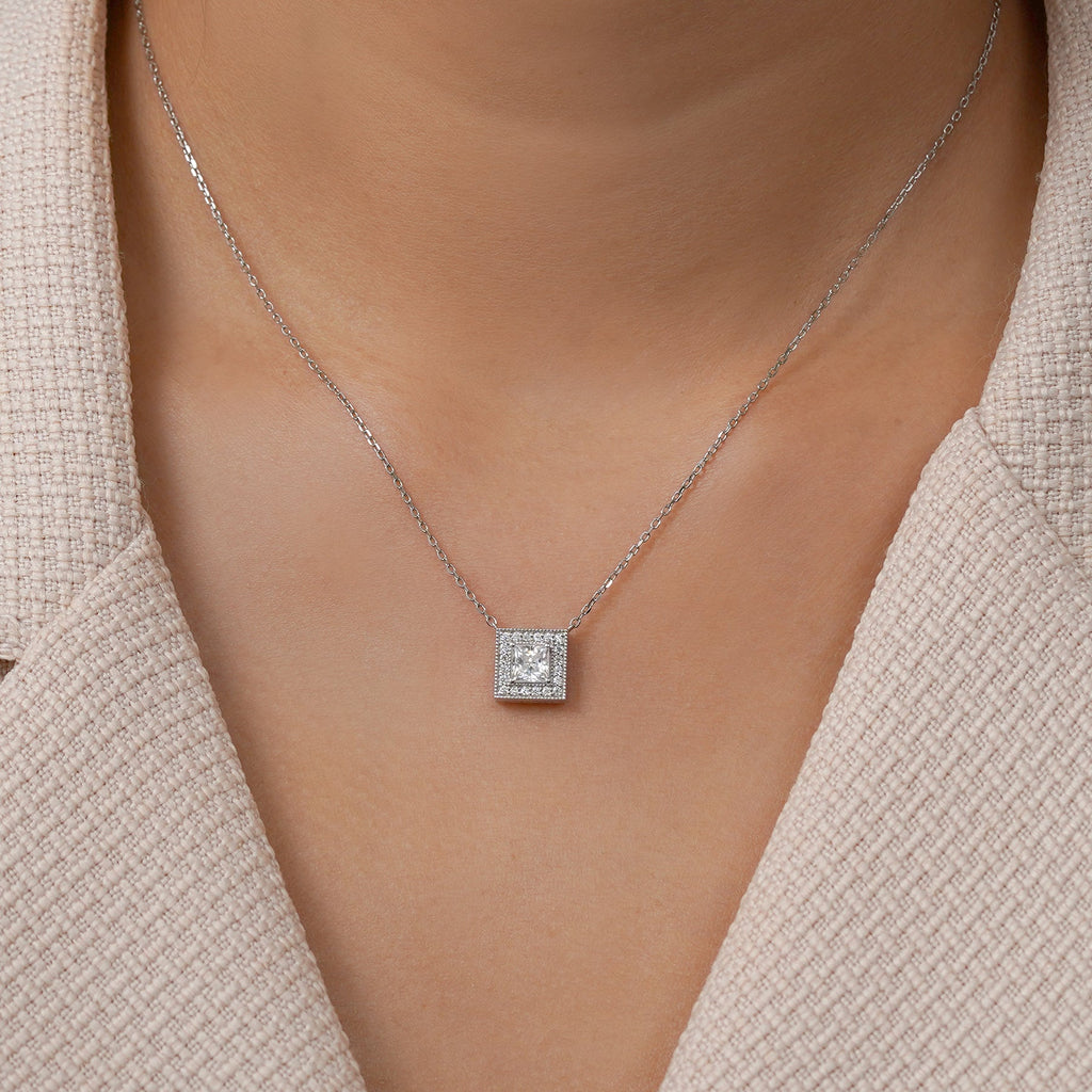 JeenMata 2 Carat Art Deco-Inspired Princess Cut Moissanite Pendant - in 18K White Gold Plating Necklace for Women